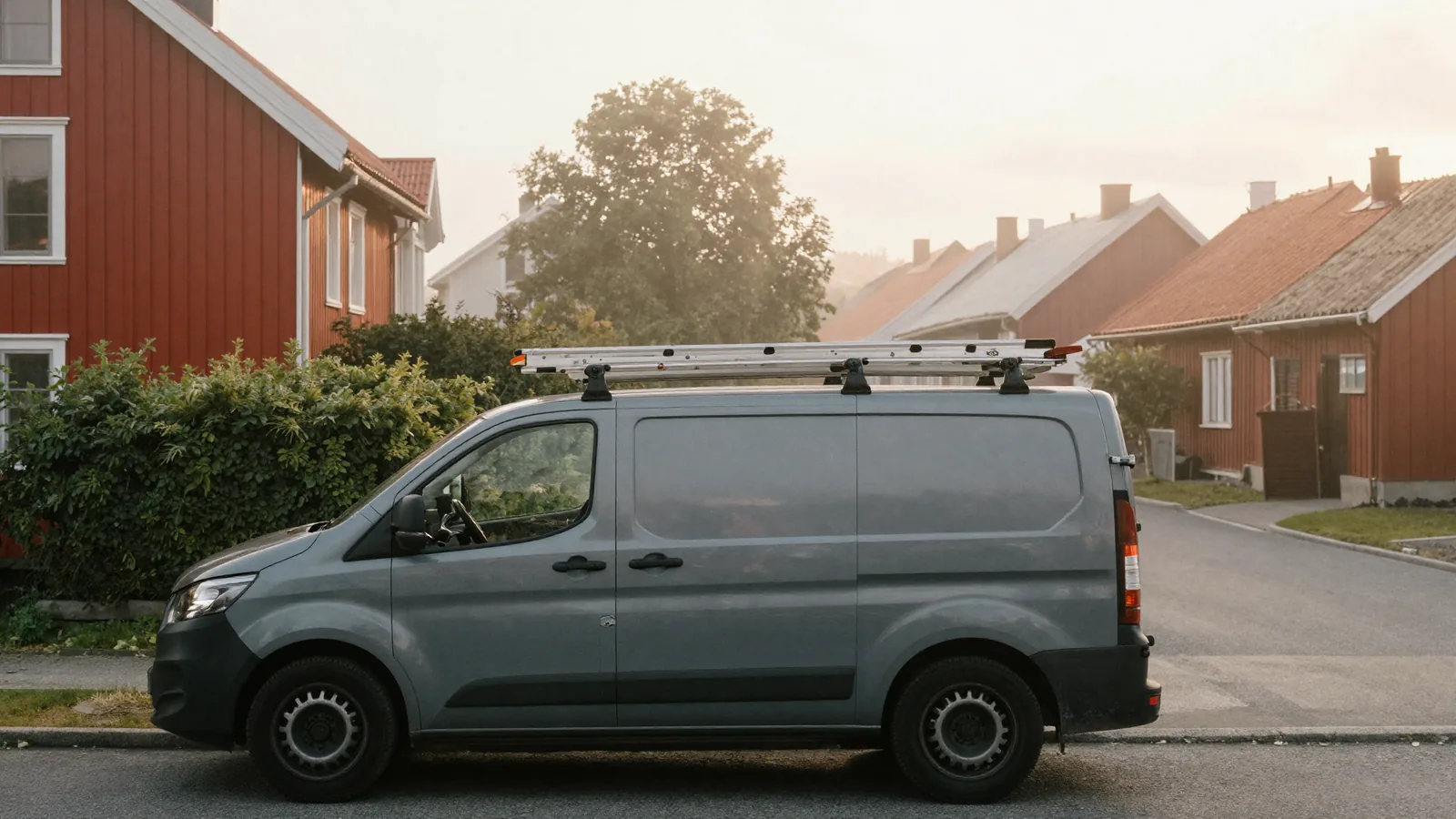 Hantverkarbil med stege på taket en tidig morgon i ett svenskt villakvarter